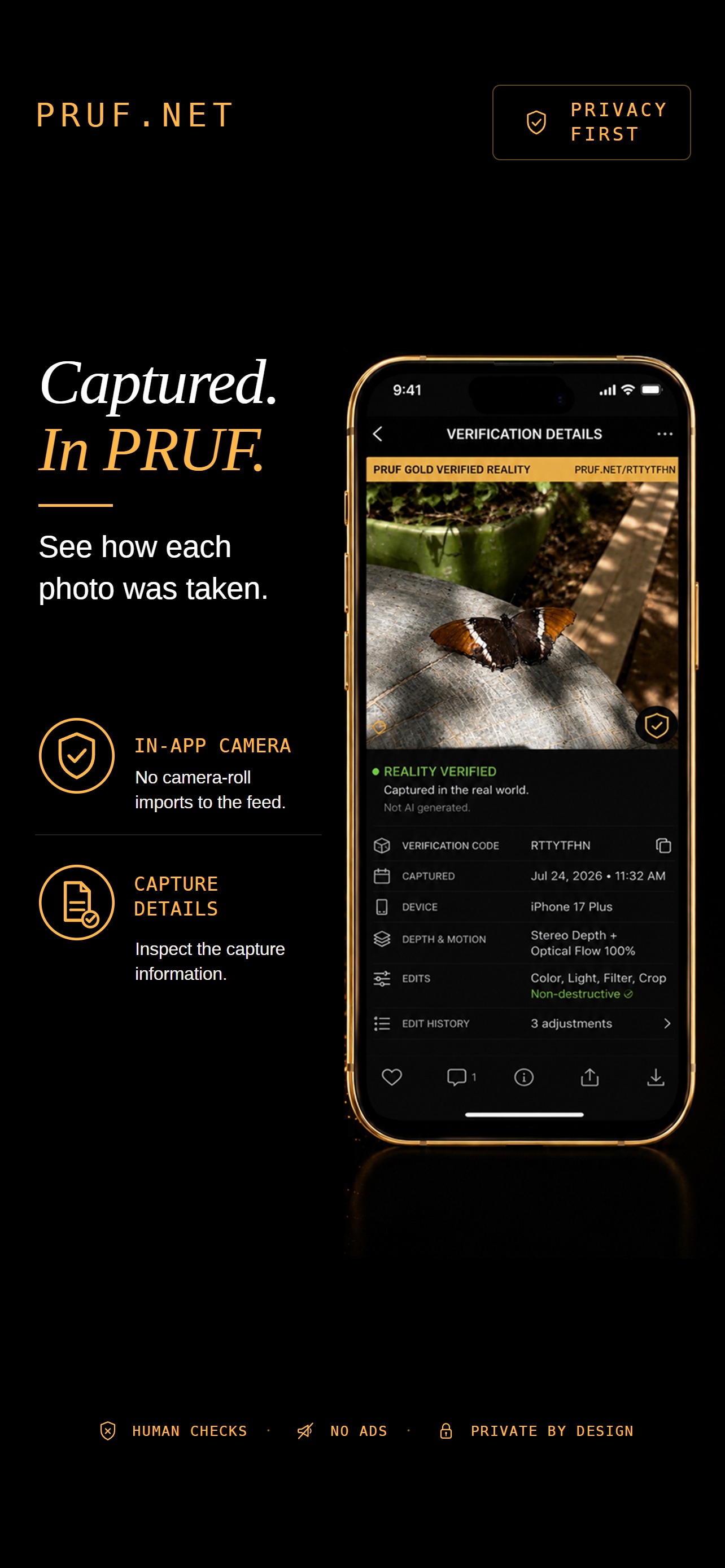 Captured in PRUF. A phone mockup showing photo capture details and edit history.