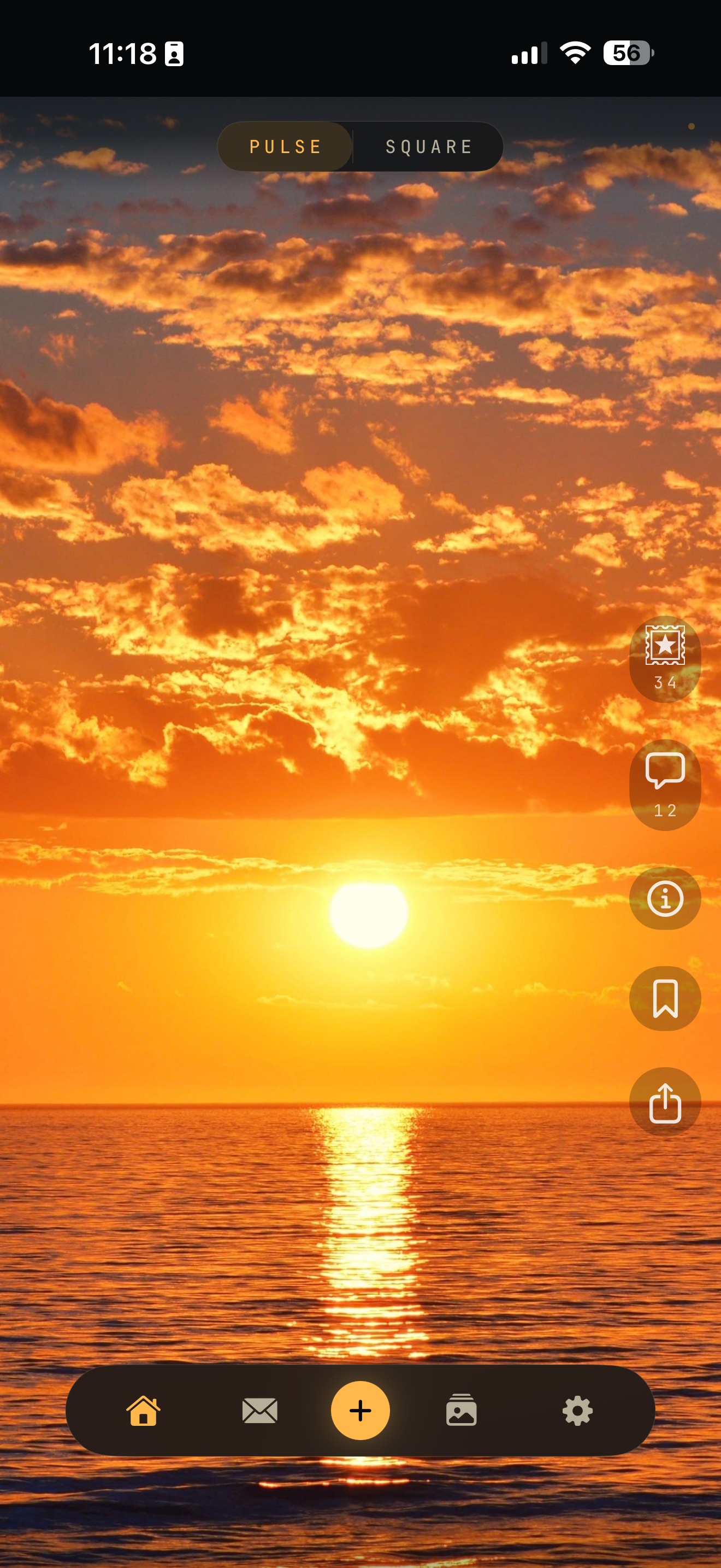 Full-bleed sunset photo with floating stamp count, comments, and bottom navigation