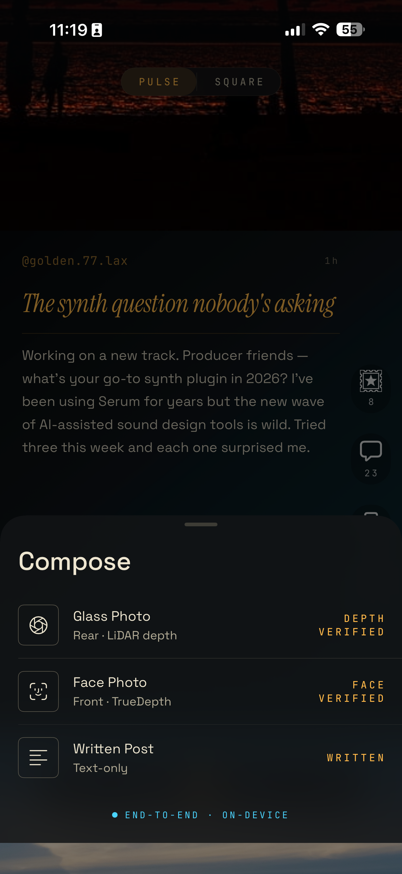 Compose sheet showing Glass Photo, Face Photo, and Written Post options with end-to-end encryption
