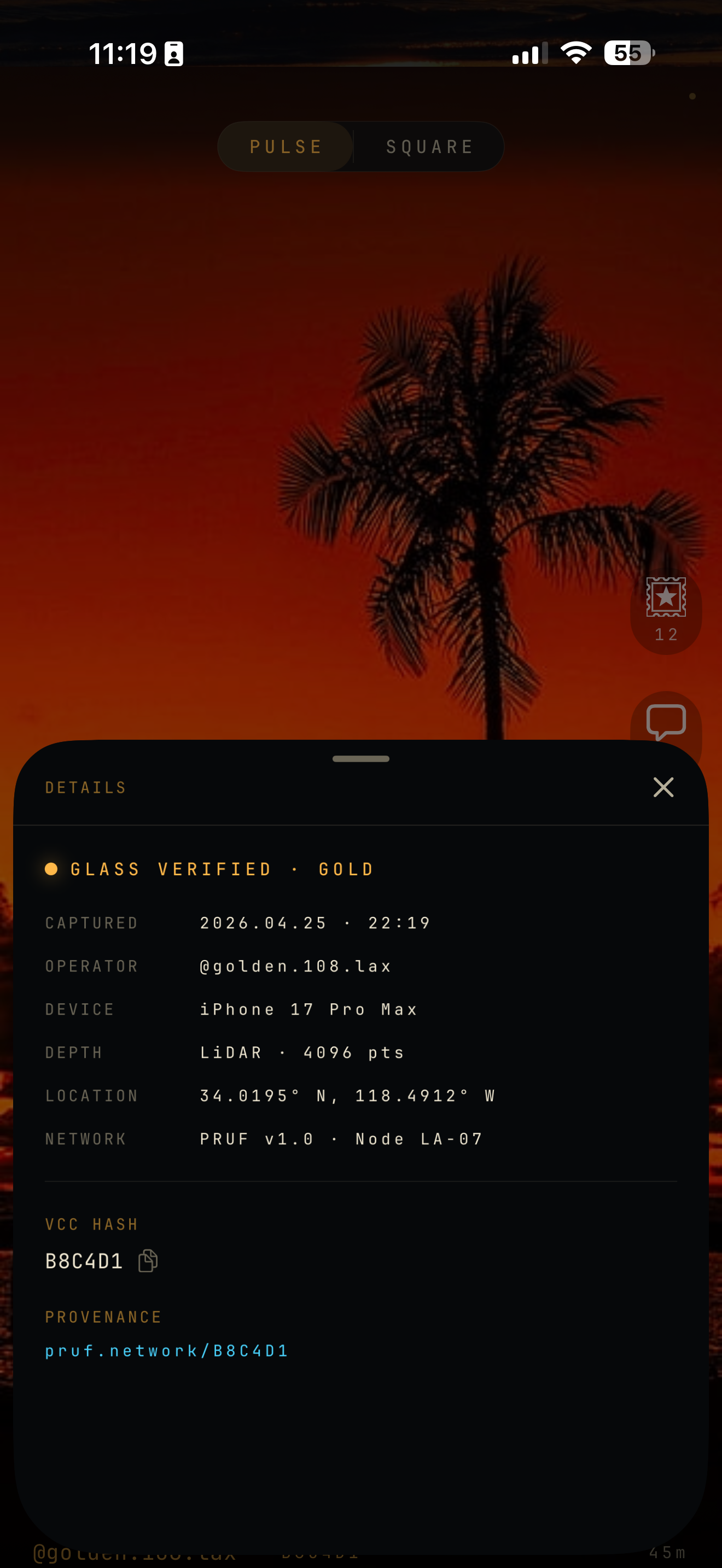 Verification details showing Glass Verified, Gold tier, with capture time, location, device, and provenance link
