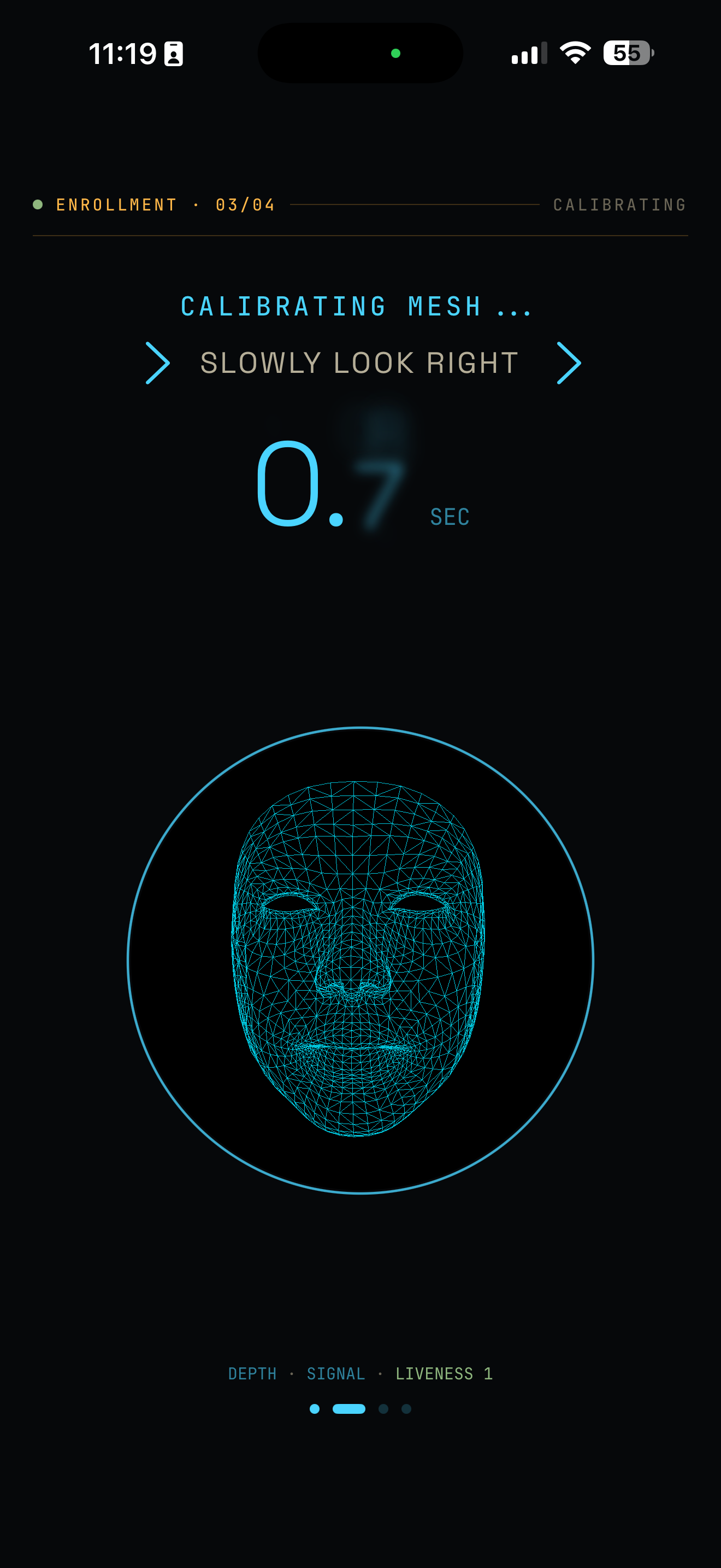 Enrollment screen with calibrating face mesh, instructing user to slowly look right